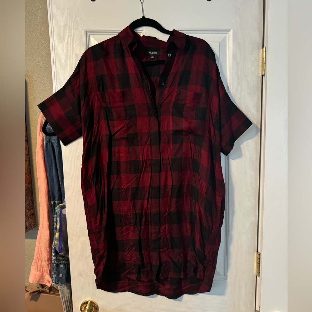 Madewell knee-length plaid dress, maroon and black, larch check.